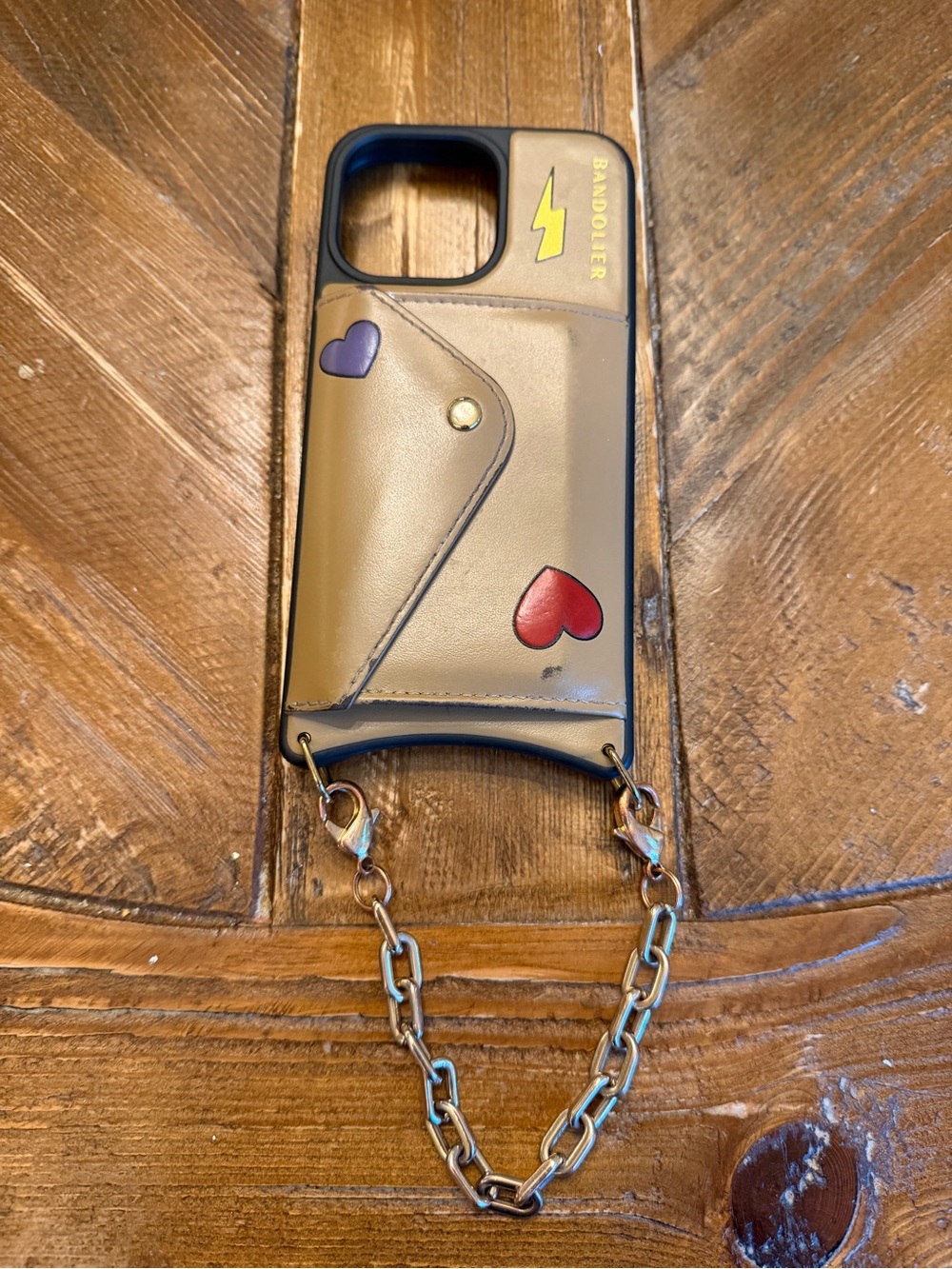 Bandolier Tan Leather iPhone 15 Pro Max Phone Case with Heart Accents and Chain